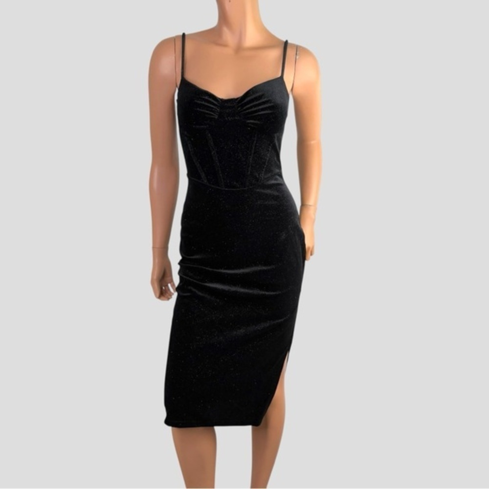 90s Black Corset Goth Prom Dress Vamp Velvet Glitter WhimsiGoth Bodycon M - Picture 4 of 11
